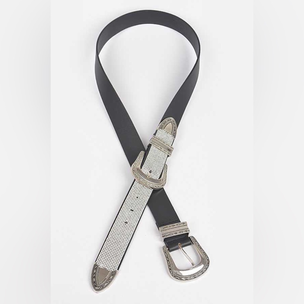 Double Buckle Silver & Black Rhinestone Western Chain Statement Belt - Picture 4 of 4